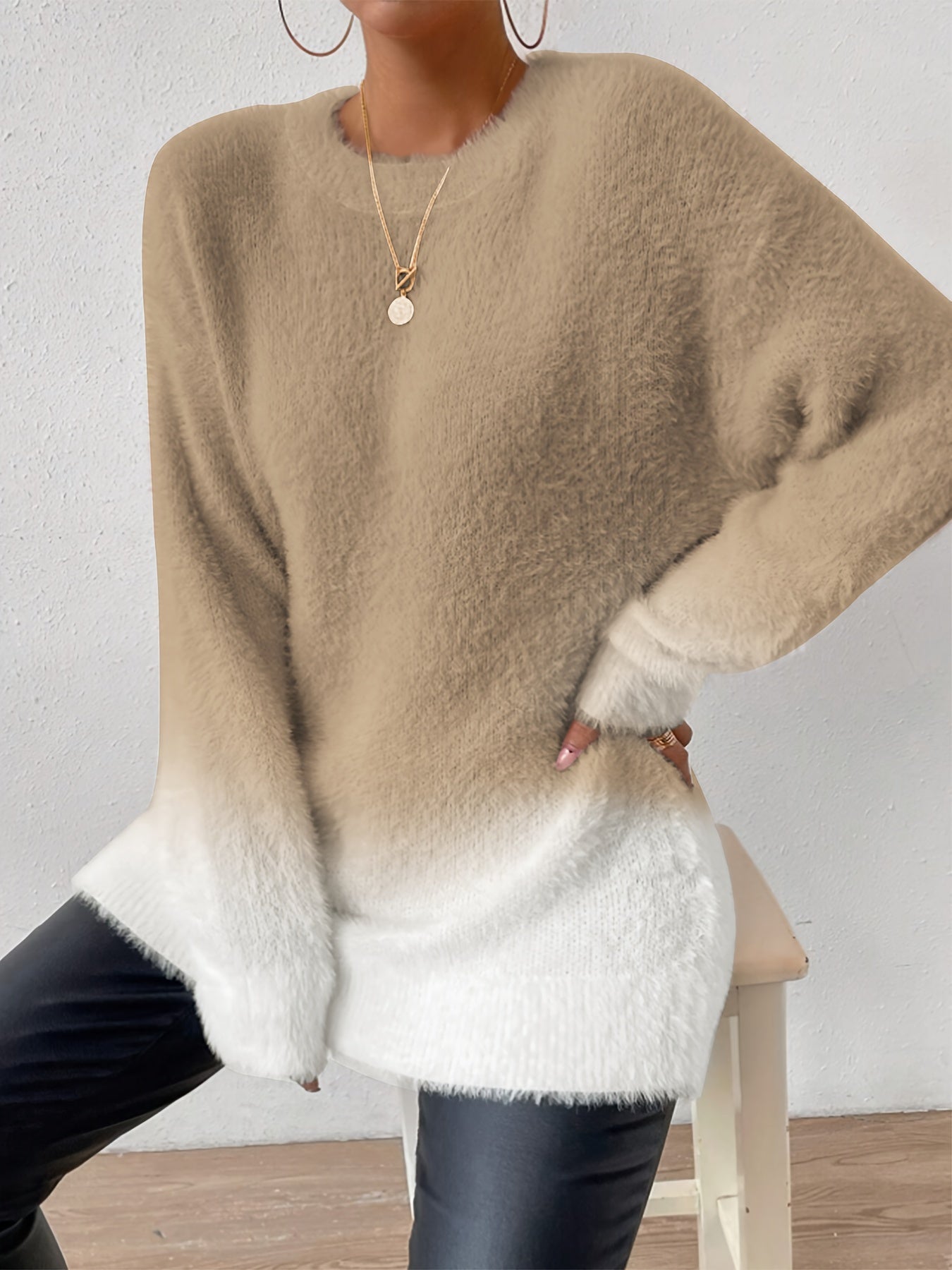 Gradient Fuzzy Crew Neck Sweater