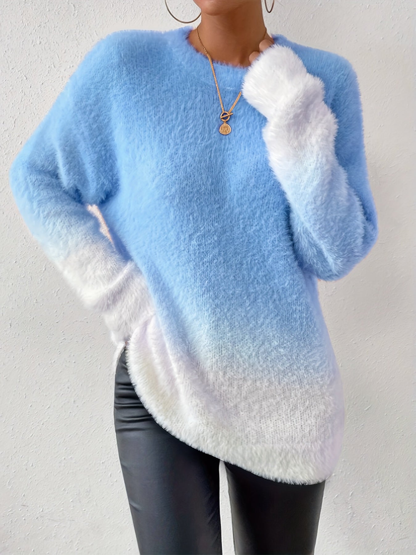 Gradient Fuzzy Crew Neck Sweater