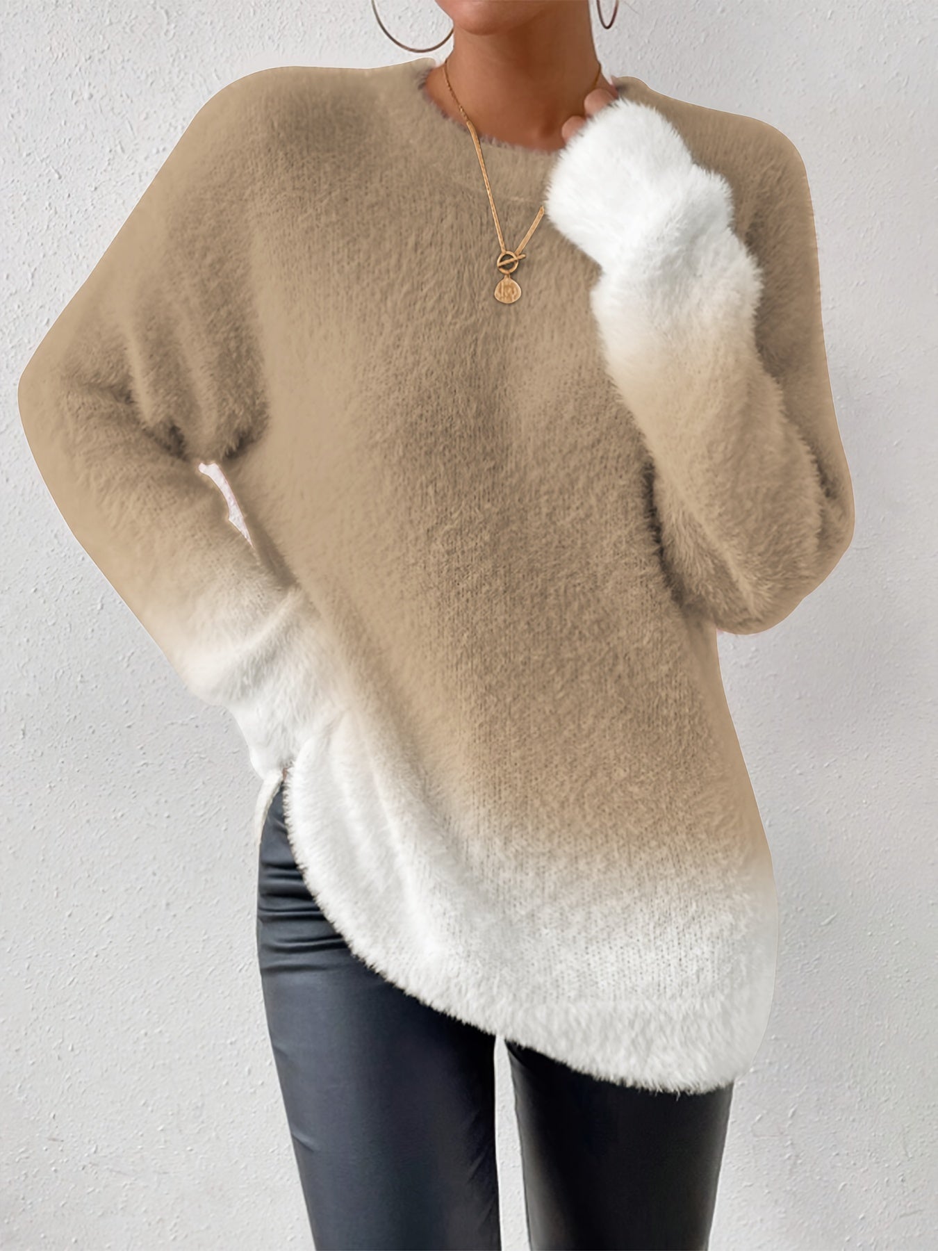 Gradient Fuzzy Crew Neck Sweater