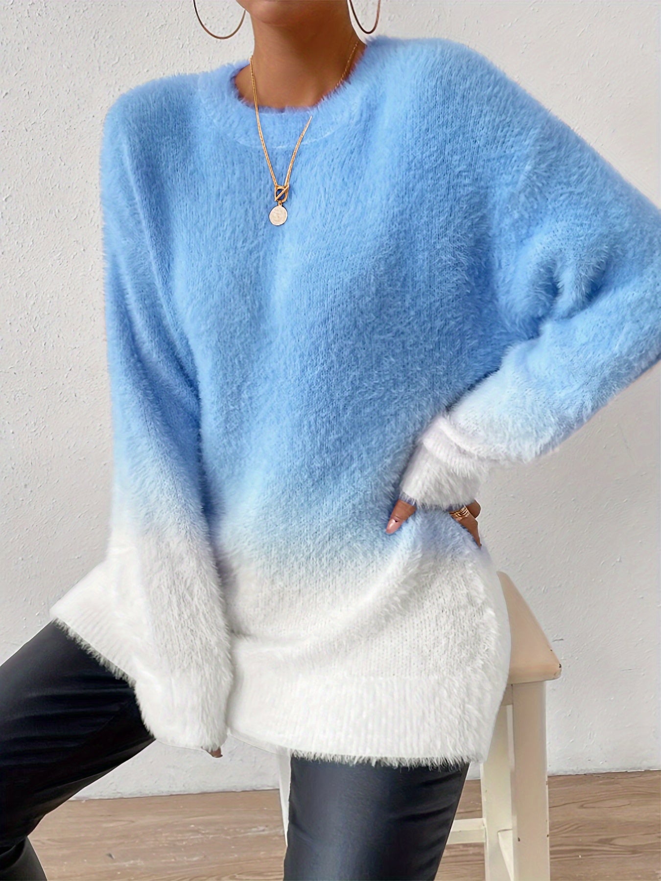Gradient Fuzzy Crew Neck Sweater