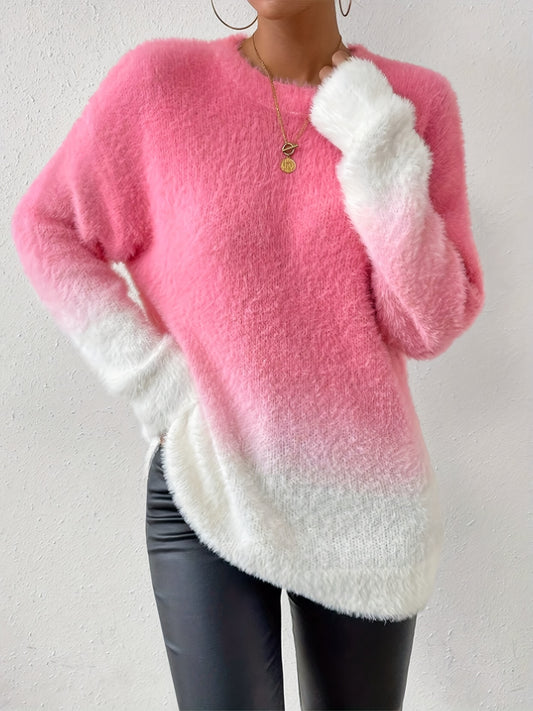 Gradient Fuzzy Crew Neck Sweater